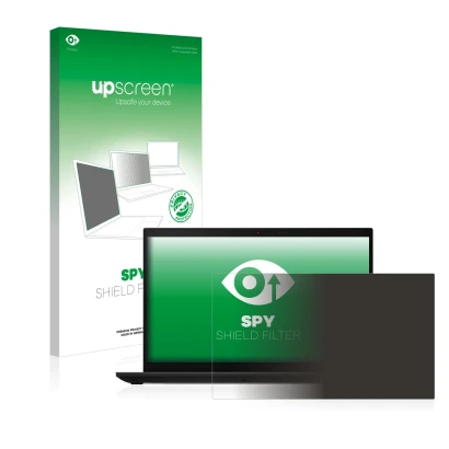 Parte frontal de un envase de producto con el logotipo de la marca upscreen. Al lado se muestra el dispositivo Lenovo ThinkPad