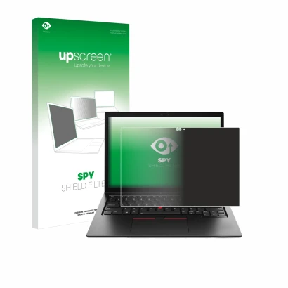 Parte frontal de un envase de producto con el logotipo de la marca upscreen. Al lado se muestra el dispositivo Lenovo ThinkPad