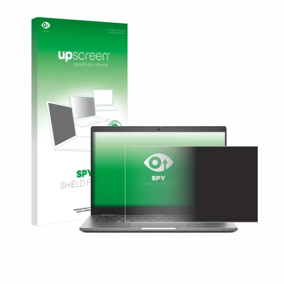 Parte frontal de un envase de producto con el logotipo de la marca upscreen. Al lado se muestra el dispositivo Dell Latitude 5