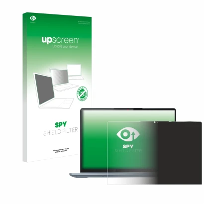 Parte frontal de un envase de producto con el logotipo de la marca upscreen. Al lado se muestra el dispositivo Lenovo IdeaPad 