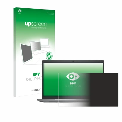 Parte frontal de un envase de producto con el logotipo de la marca upscreen. Al lado se muestra el dispositivo Dell Latitude 5