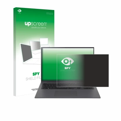 Parte frontal de un envase de producto con el logotipo de la marca upscreen. Al lado se muestra el dispositivo LG gram 17" 202