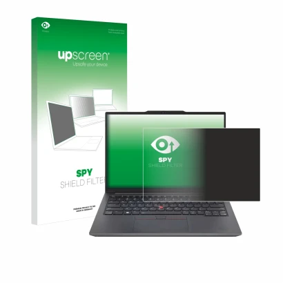 Parte frontal de un envase de producto con el logotipo de la marca upscreen. Al lado se muestra el dispositivo Lenovo ThinkPad