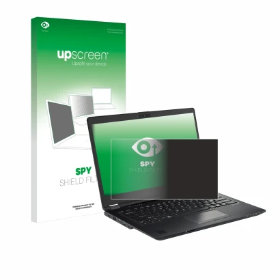 Parte frontal de un envase de producto con el logotipo de la marca upscreen. Al lado se muestra el dispositivo Fujitsu Lifeboo