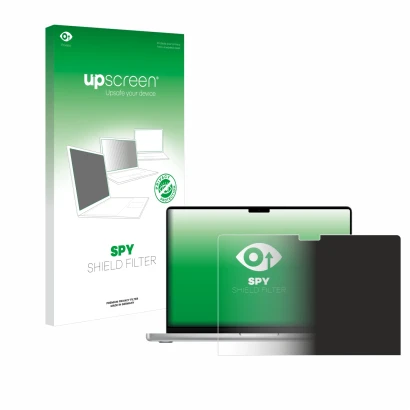 Parte frontal de un envase de producto con el logotipo de la marca upscreen. Al lado se muestra el dispositivo Apple MacBook P