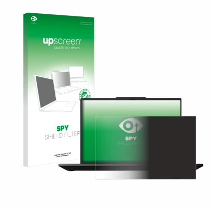 Parte frontal de un envase de producto con el logotipo de la marca upscreen. Al lado se muestra el dispositivo Lenovo ThinkPad