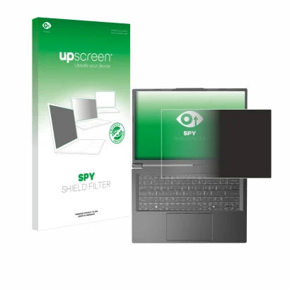 Parte frontal de un envase de producto con el logotipo de la marca upscreen. Al lado se muestra el dispositivo Acer Aspire 14