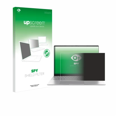Parte frontal de un envase de producto con el logotipo de la marca upscreen. Al lado se muestra el dispositivo ASUS Vivobook S