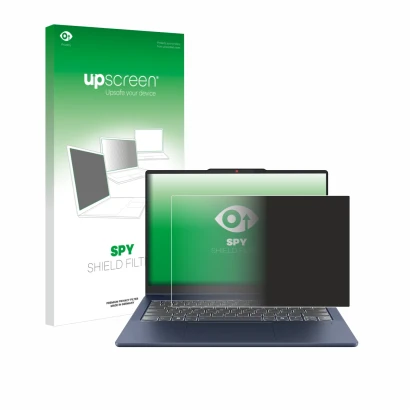 Parte frontal de un envase de producto con el logotipo de la marca upscreen. Al lado se muestra el dispositivo Lenovo IdeaPad