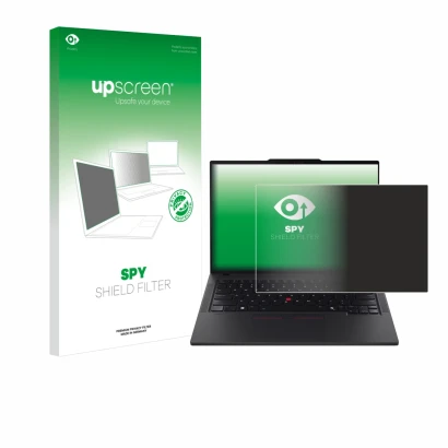 Parte frontal de un envase de producto con el logotipo de la marca upscreen. Al lado se muestra el dispositivo Lenovo ThinkPad