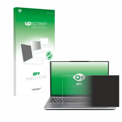 Parte frontal de un envase de producto con el logotipo de la marca upscreen. Al lado se muestra el dispositivo terra Mobile 15