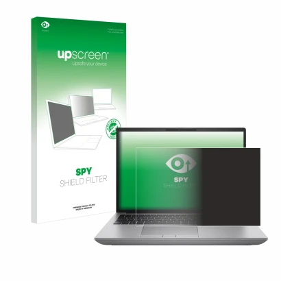 Parte frontal de un envase de producto con el logotipo de la marca upscreen. Al lado se muestra el dispositivo HP ZBook Fury 1