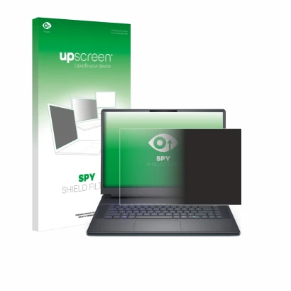 Parte frontal de un envase de producto con el logotipo de la marca upscreen. Al lado se muestra el dispositivo Dell Alienware 