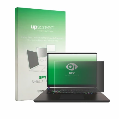 Parte frontal de un envase de producto con el logotipo de la marca upscreen. Al lado se muestra el dispositivo MSI Vector 17 H