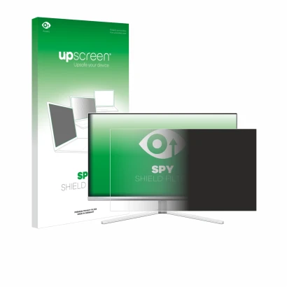 Parte frontal de un envase de producto con el logotipo de la marca upscreen. Al lado se muestra el dispositivo Philips Evnia 2