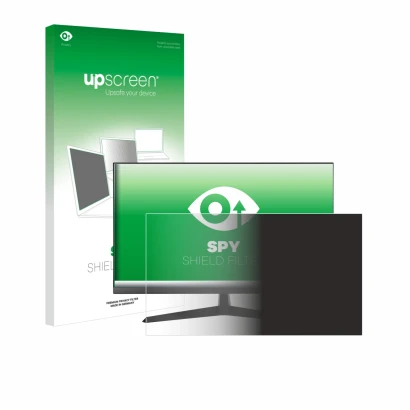 Parte frontal de un envase de producto con el logotipo de la marca upscreen. Al lado se muestra el dispositivo Asus Eye Care V