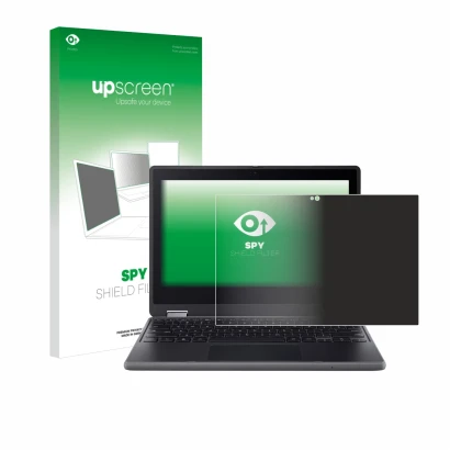 Parte frontal de un envase de producto con el logotipo de la marca upscreen. Al lado se muestra el dispositivo Acer Chromebook