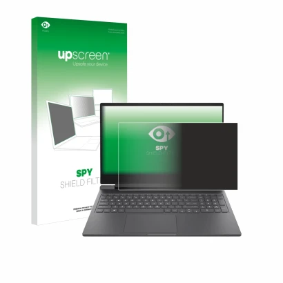 Parte frontal de un envase de producto con el logotipo de la marca upscreen. Al lado se muestra el dispositivo HP Victus 16-r0