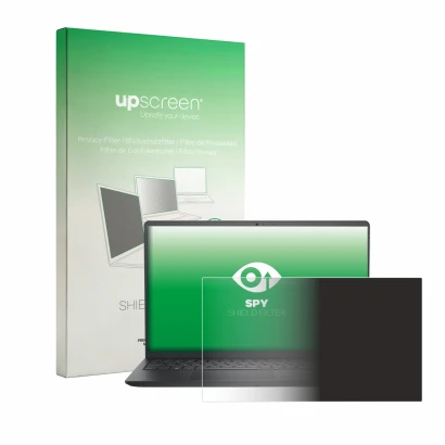 Parte frontal de un envase de producto con el logotipo de la marca upscreen. Al lado se muestra el dispositivo Dell Pro 15 Ess