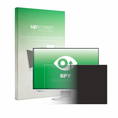 Parte frontal de un envase de producto con el logotipo de la marca upscreen. Al lado se muestra el dispositivo Eizo Flexscan E