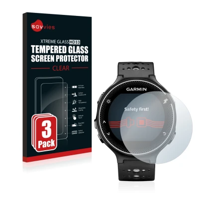 Parte frontal de un envase de producto con el logotipo de la marca Savvies. Al lado se muestra el dispositivo Garmin Forerunne