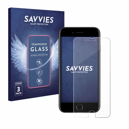 Parte frontal de un envase de producto con el logotipo de la marca Savvies. Al lado se muestra el dispositivo Apple iPhone 7 c