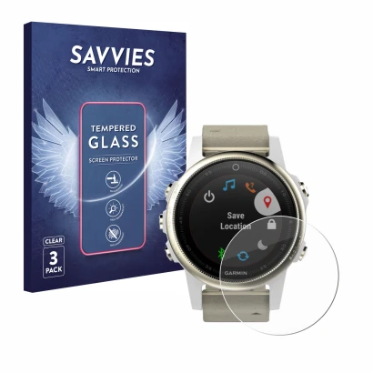 Parte frontal de un envase de producto con el logotipo de la marca Savvies. Al lado se muestra el dispositivo Garmin Fenix 5S 
