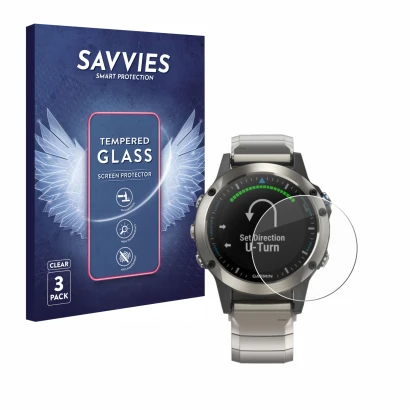 Parte frontal de un envase de producto con el logotipo de la marca Savvies. Al lado se muestra el dispositivo Garmin quatix 5 