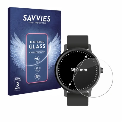 Parte frontal de un envase de producto con el logotipo de la marca Savvies. Al lado se muestra el dispositivo Circular Display