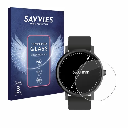 Parte frontal de un envase de producto con el logotipo de la marca Savvies. Al lado se muestra el dispositivo Circular Display