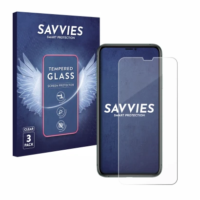 Parte frontal de un envase de producto con el logotipo de la marca Savvies. Al lado se muestra el dispositivo Apple iPhone 11 