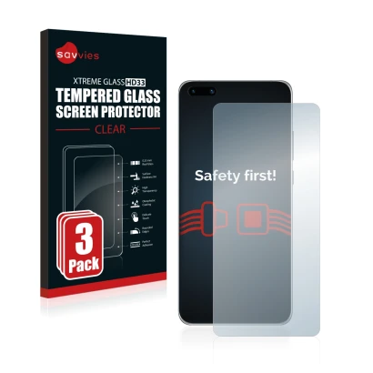 Parte frontal de un envase de producto con el logotipo de la marca Savvies. Al lado se muestra el dispositivo Huawei P40 con s