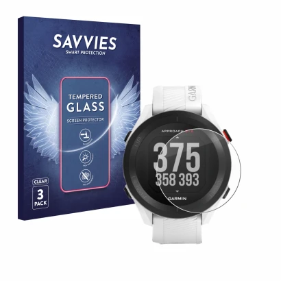 Parte frontal de un envase de producto con el logotipo de la marca Savvies. Al lado se muestra el dispositivo Garmin Approach 