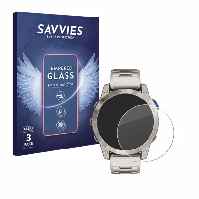 Parte frontal de un envase de producto con el logotipo de la marca Savvies. Al lado se muestra el dispositivo Garmin D2 Mach 1