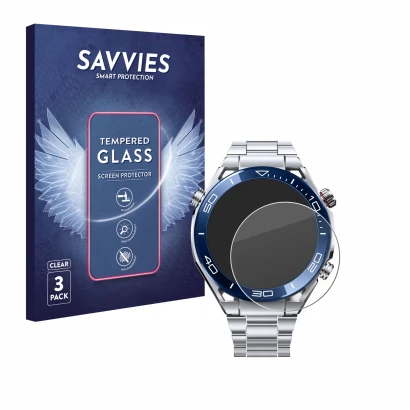 Parte frontal de un envase de producto con el logotipo de la marca Savvies. Al lado se muestra el dispositivo Huawei Watch Ult