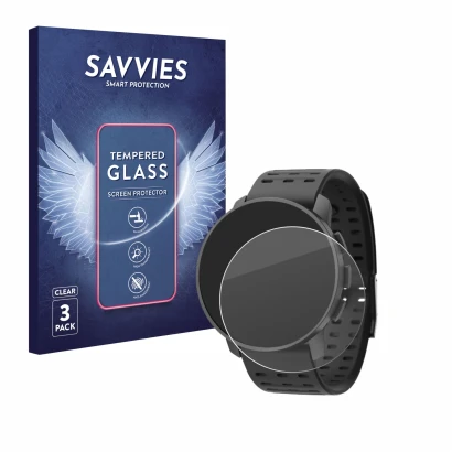 Parte frontal de un envase de producto con el logotipo de la marca Savvies. Al lado se muestra el dispositivo Suunto 9 Peak Pr