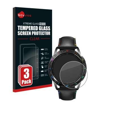 Parte frontal de un envase de producto con el logotipo de la marca Savvies. Al lado se muestra el dispositivo Xiaomi Watch S3 