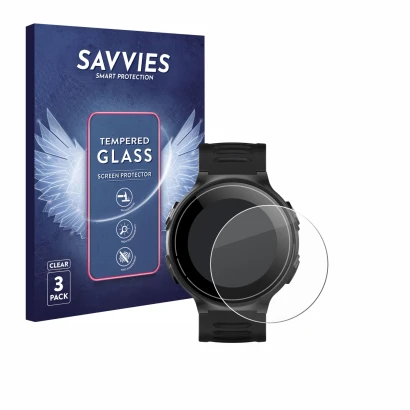 Parte frontal de un envase de producto con el logotipo de la marca Savvies. Al lado se muestra el dispositivo Kiprun GPS 500 C