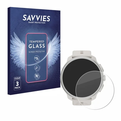 Parte frontal de un envase de producto con el logotipo de la marca Savvies. Al lado se muestra el dispositivo Suunto Race 2 co