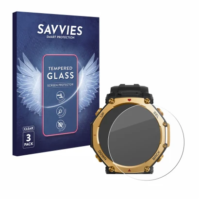 Parte frontal de un envase de producto con el logotipo de la marca Savvies. Al lado se muestra el dispositivo Huami Amazfit T-