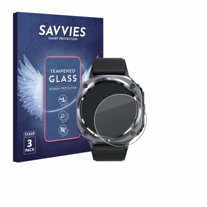 Parte frontal de un envase de producto con el logotipo de la marca Savvies. Al lado se muestra el dispositivo TIMU S90+ 1.48" 
