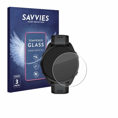 Parte frontal de un envase de producto con el logotipo de la marca Savvies. Al lado se muestra el dispositivo Garmin Forerunne
