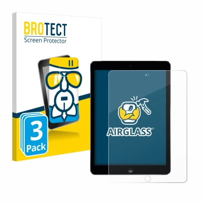 Parte frontal de un envase de producto con el logotipo de la marca BROTECT. Al lado se muestra el dispositivo Apple iPad Air 2