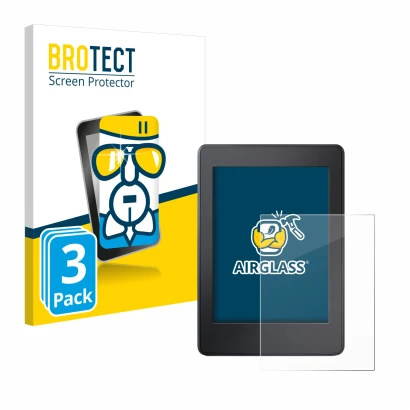 Parte frontal de un envase de producto con el logotipo de la marca BROTECT. Al lado se muestra el dispositivo Amazon Kindle Pa