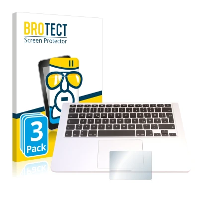 Parte frontal de un envase de producto con el logotipo de la marca BROTECT. Al lado se muestra el dispositivo Apple MacBook Pr