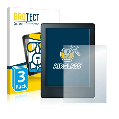 Parte frontal de un envase de producto con el logotipo de la marca BROTECT. Al lado se muestra el dispositivo Amazon Kindle 20