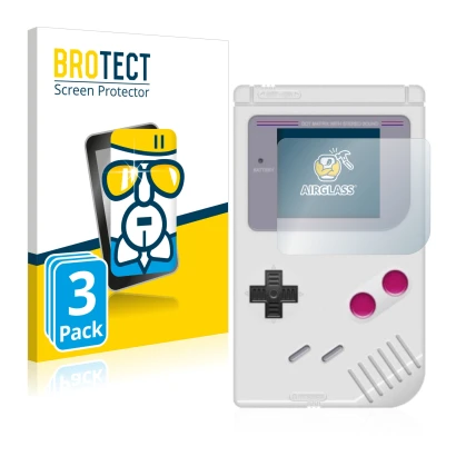 Parte frontal de un envase de producto con el logotipo de la marca BROTECT. Al lado se muestra el dispositivo Nintendo Gameboy