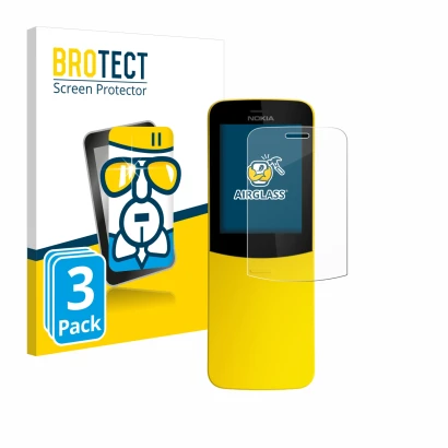 Parte frontal de un envase de producto con el logotipo de la marca BROTECT. Al lado se muestra el dispositivo Nokia 8110 con s