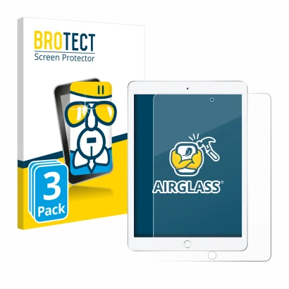 Parte frontal de un envase de producto con el logotipo de la marca BROTECT. Al lado se muestra el dispositivo Apple iPad 9.7" 