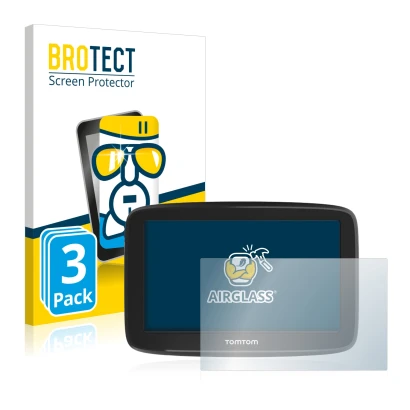 Parte frontal de un envase de producto con el logotipo de la marca BROTECT. Al lado se muestra el dispositivo TomTom GO Basic